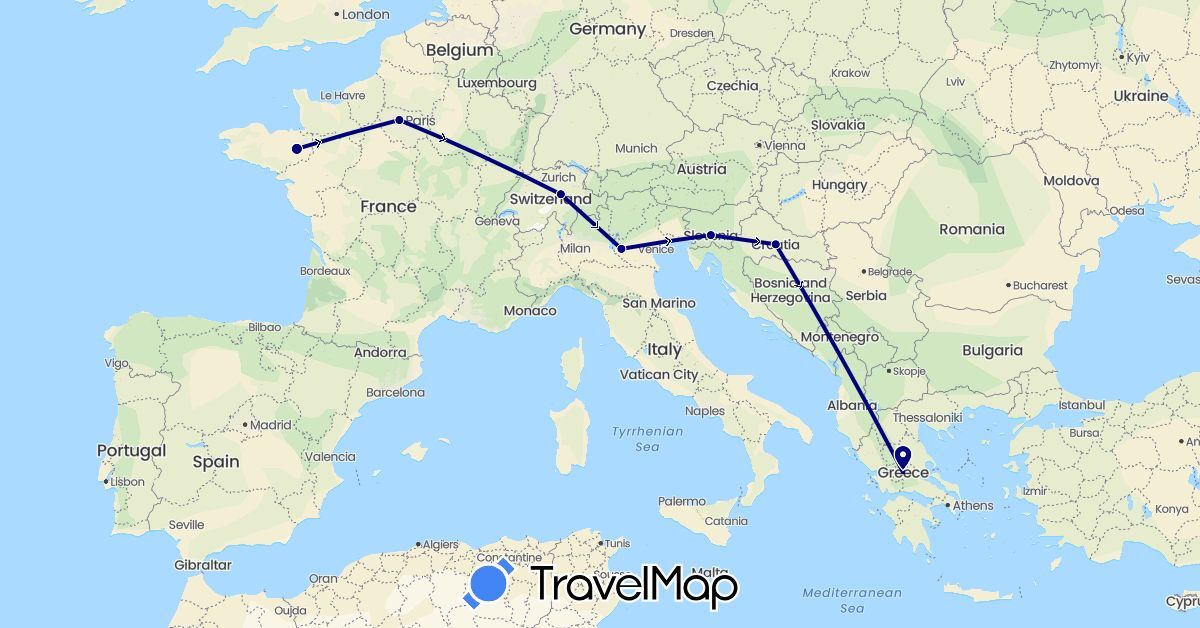 TravelMap itinerary: driving in Switzerland, France, Greece, Croatia, Italy, Slovenia (Europe)